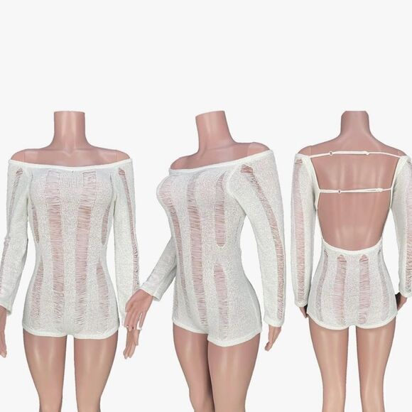 Unbranded Risque White Distressed Romper -- M - Picture 4 of 12